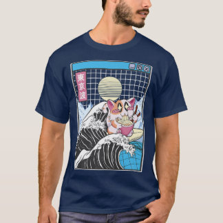 Happy Cat Eating Ramen Surfing Kanagawa Wave Anime T-Shirt