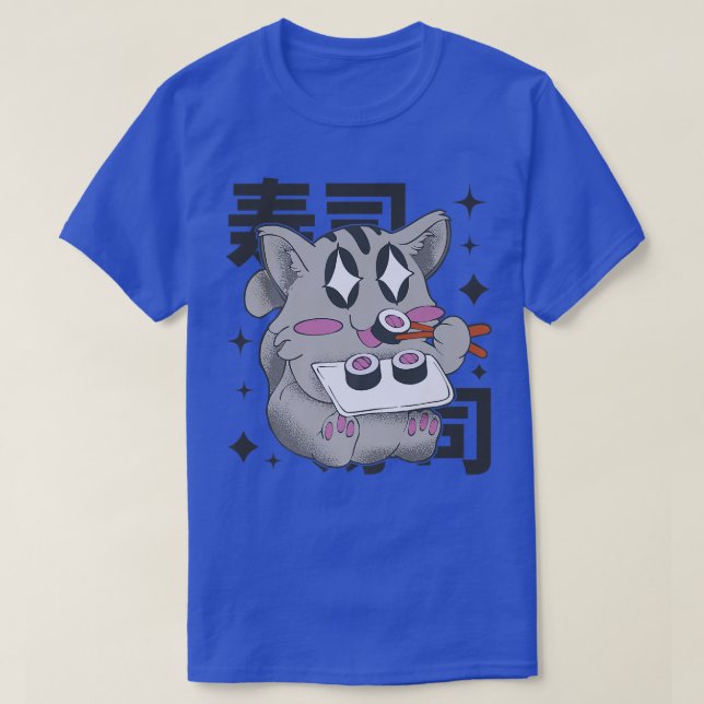 Happy Cat Eating Sushi Japan Style Kawaii Anime Su T-Shirt (Design Front)