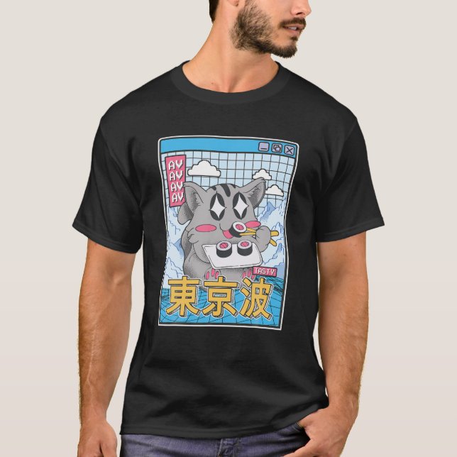 Happy Cat Eating Sushi Vaporwave Aesthetic Anime K T-Shirt (Front)