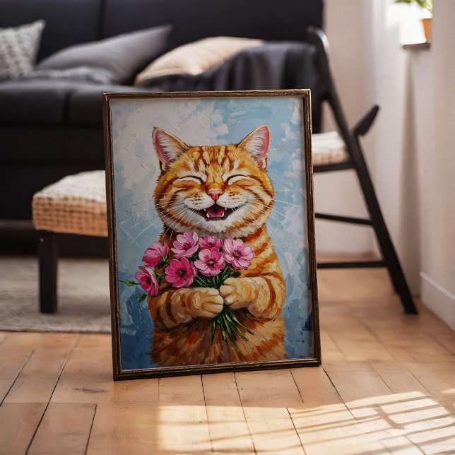 Happy Cat Giving A Bouquet Wall Art Poster (Creator Uploaded)