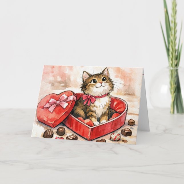 Happy Cat In a Valentine Candy Heart Box Card (Front)