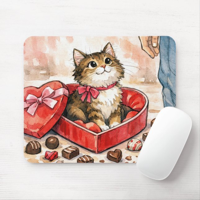 Happy Cat In a Valentine Candy Heart Box Mouse Mat (With Mouse)
