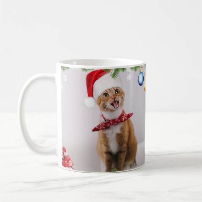 Happy cat in red christmas hat coffee mug (Left)