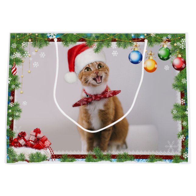 Happy cat in red christmas hat large gift bag (Front)