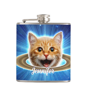 Happy cat in space. hip flask