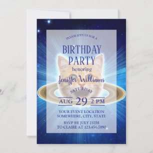 Happy cat in space.                                invitation