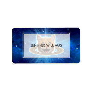 Happy cat in space. label