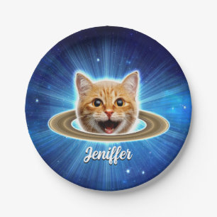 Happy cat in space.                                paper plate