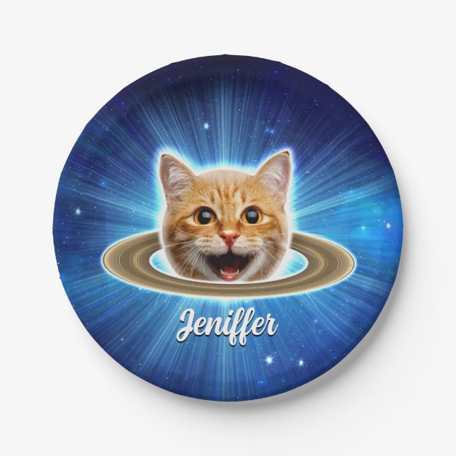 Happy cat in space.                                paper plate (Front)
