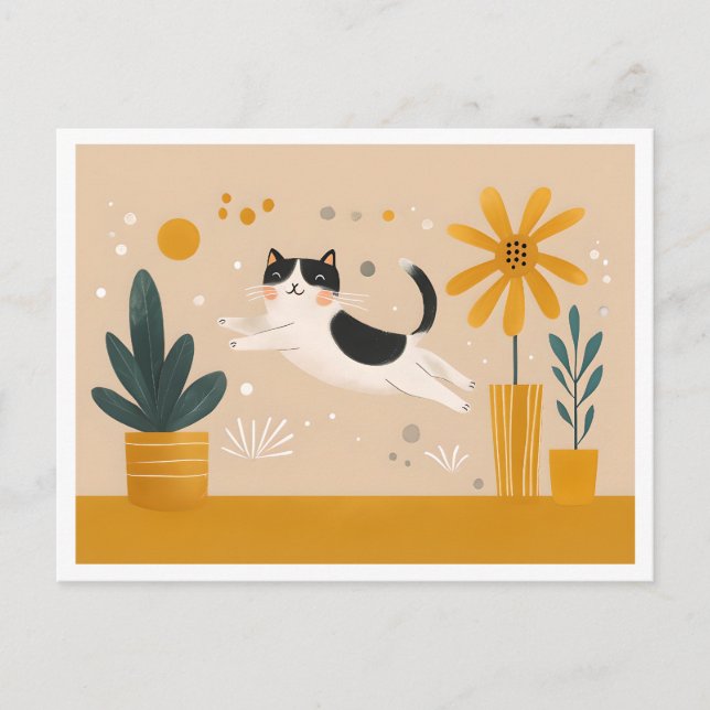 Happy Cat Jumping Between Flower Pots, Scandi Postcard (Front)