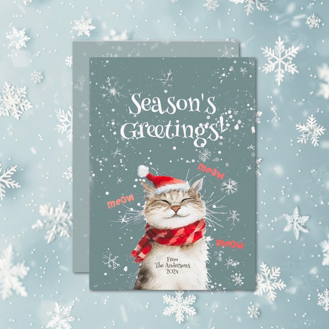 Happy Cat Meow Christmas Flat Holiday Card (Happy Cat Season's Greetings flat holiday card)