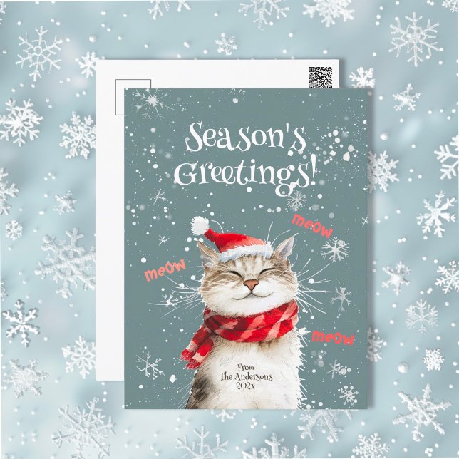 Happy Cat Meow Christmas Holiday Postcard (Happy Cat Season's Greetings holiday postcard)