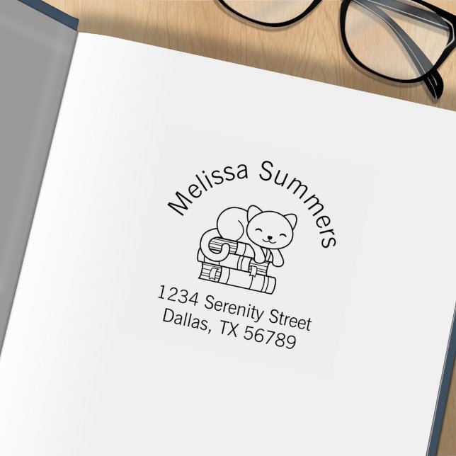 Happy Cat on top of A Book Stack Address Bookplate Rubber Stamp (Creator Uploaded)