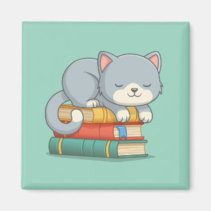 Happy Cat on top of a Book Stack Green Magnet