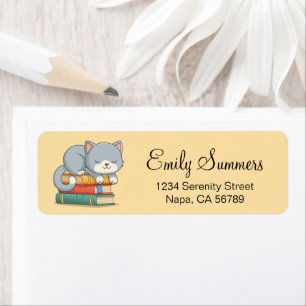 Happy Cat on top of a Book Stack Yellow