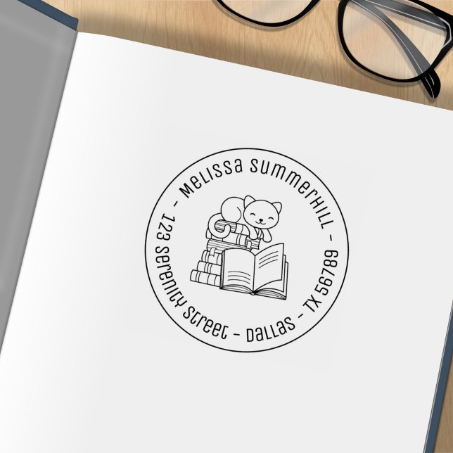 Happy Cat on top of Book Stack Round Address 3 Rubber Stamp (Creator Uploaded)
