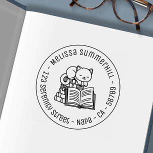 Happy Cat on top of Books Round Address 1 Self-inking Stamp