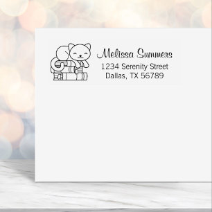 Happy Cat on top of Stack of Books Address Self-inking Stamp