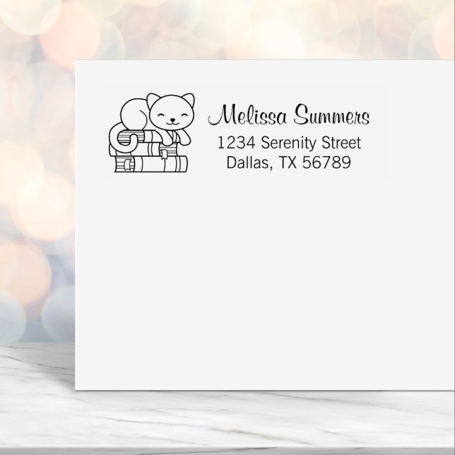 Happy Cat on top of Stack of Books Address Self-inking Stamp (Creator Uploaded)