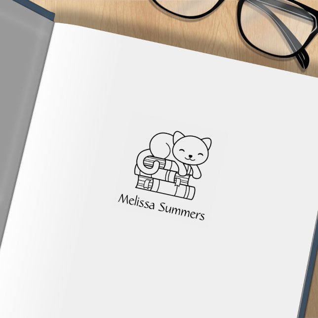 Happy Cat on top of Stack of Books Bookplate 1x1 Rubber Stamp (Creator Uploaded)