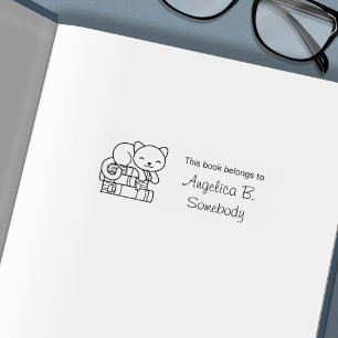 Happy Cat on top of Stack of Books - Bookplate Self-inking Stamp