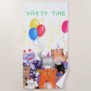 Happy Cat Party Cartoon Drawing - Cute Funny Cats Beach Towel