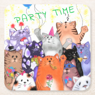 Happy Cat Party Cartoon Drawing - Cute Funny Cats  Square Paper Coaster