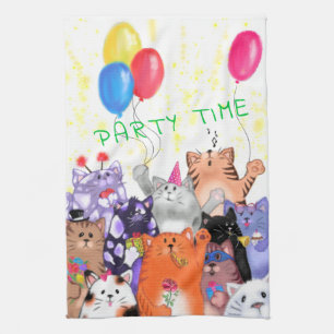Happy Cat Party Cartoon Drawing - Cute Funny Cats  Tea Towel