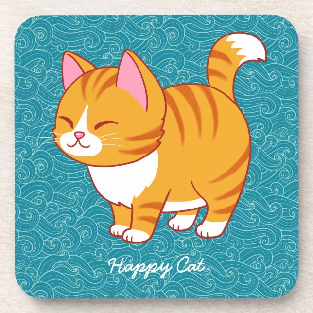 Happy Cat Personalised  Coaster (Front)
