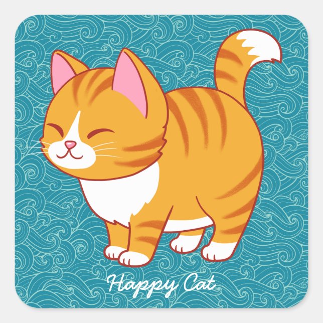 Happy Cat Personalised  Square Sticker (Front)