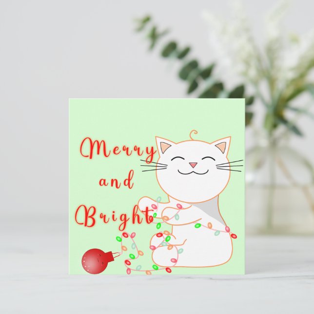 Happy Cat Playing With LED Light | Cute Christmas  Holiday Card (Standing Front)