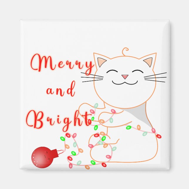 Happy Cat Playing With LED Light | Cute Christmas  Magnet (Front)