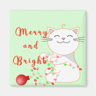 Happy Cat Playing With LED Light Cute Christmas Magnet
