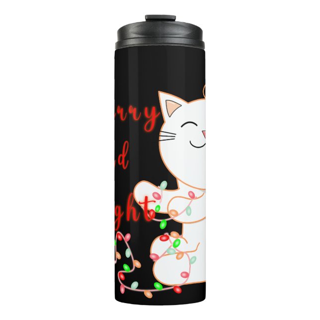 Happy Cat Playing With LED Light | Cute Christmas Thermal Tumbler (Front)