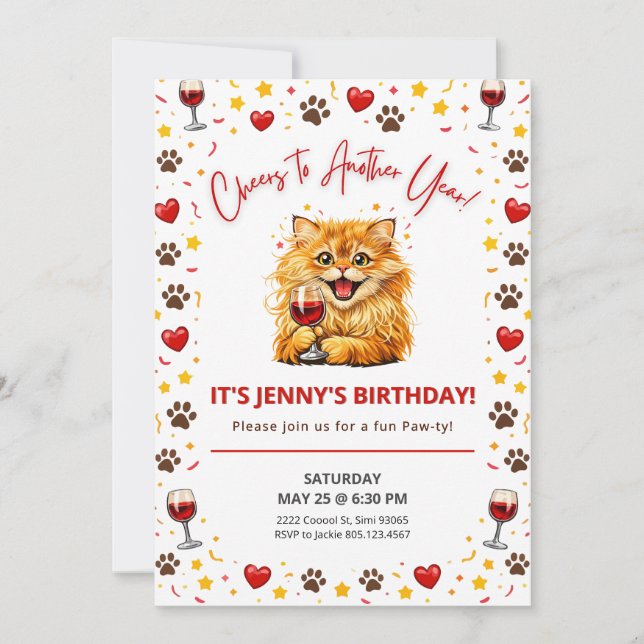 Happy Cat Wine Birthday Cheers to Another Year Invitation (Front)
