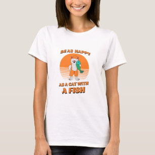 Happy cat with fish. Cute cat fisherman. Funny T-Shirt