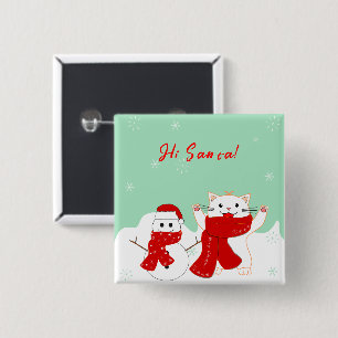 Happy Cat With Snowman Cute Christmas Button