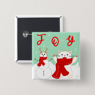 Happy Cat With Snowman   Cute Christmas Button