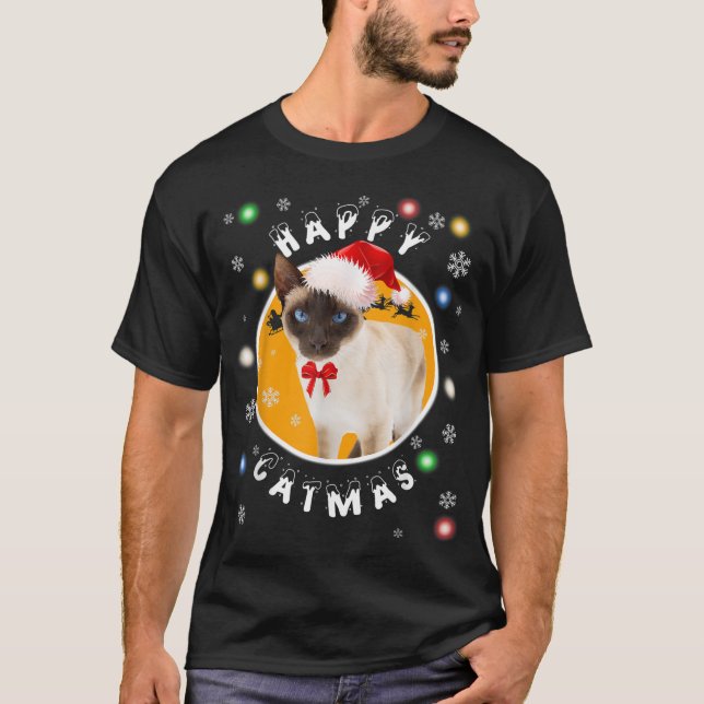 Happy Catmas Siamese Xmas Cat in Santa Hat T-Shirt (Front)