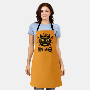 Happy Catoween Black Cat Pumpkin Face Halloween Apron