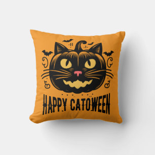 Happy Catoween Black Cat Pumpkin Face Halloween Cushion