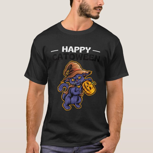 Happy Catoween Meoween Halloween Cat Pumpkin Funny T-Shirt (Front)