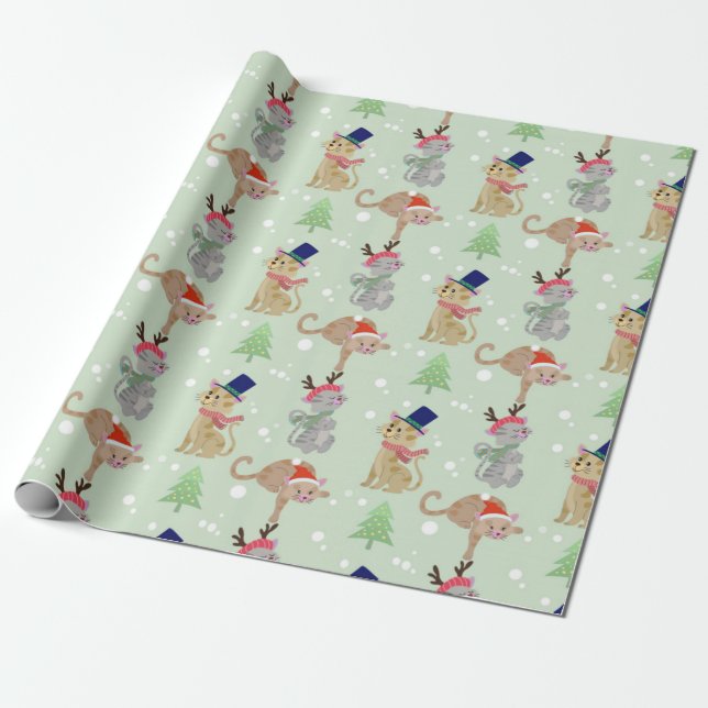 Happy Cats Christmas Pattern Wrapping Paper (Unrolled)