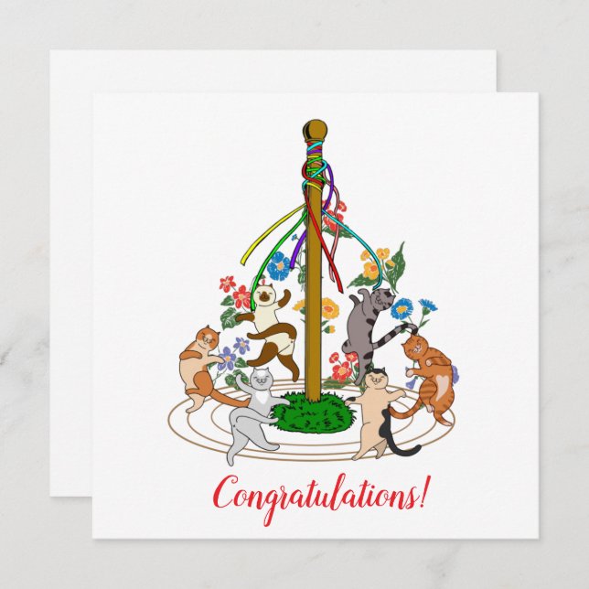 Happy Cats Dancing Around Maypole Custom Greeting Holiday Card (Front/Back)