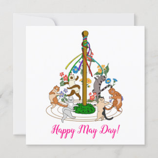 Happy Cats Dancing Around Maypole Custom Greeting Holiday Card