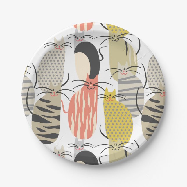 Happy Cats Whimsical Pattern Paper Plate (Front)