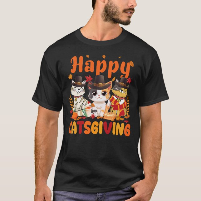 Happy Catsgiving Cat Lover Pilgrim Hat Happy Thank T-Shirt (Front)