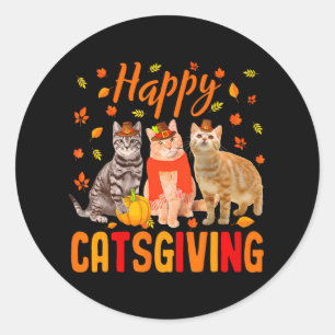 Happy Catsgiving Cute Thanksgiving Cat Wears Classic Round Sticker