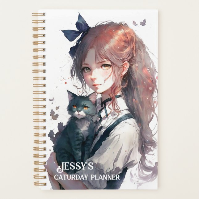 Happy Caturday Girl Holding Her Cat Watercolor Planner (Front)