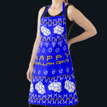 Happy Challah Days Apron<br><div class="desc">Loaves of bread and menorahs and stars and dreidels make up this "ugly Hanukkah sweater".</div>